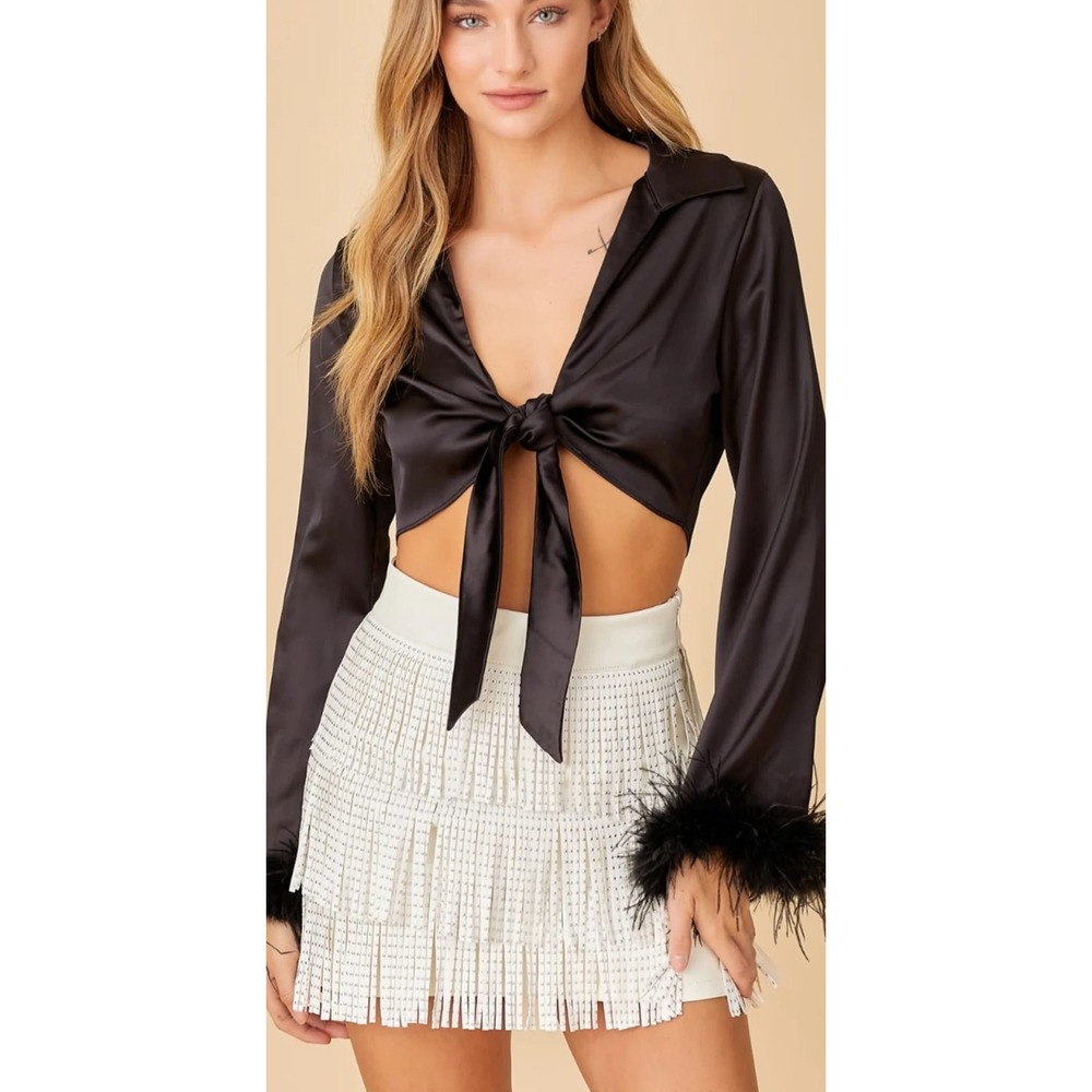 Cellecci Black Satin Front Tie Crop Top with Feather Cuffs NWT Small (6)
